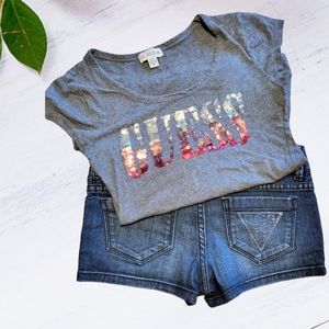 GUESS Sequin Top With Jean Shorts Outfit Top is a size XS, shorts a size 2 EUC